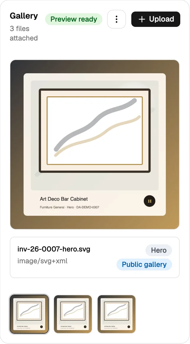 Foto-Galerie eines Inventarstücks mit Vorschau und Upload