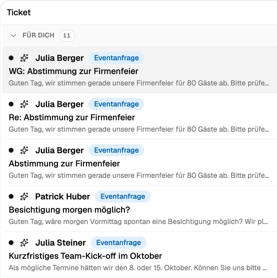 Gemeinsame Inbox mit Tickets zu Eventanfragen
