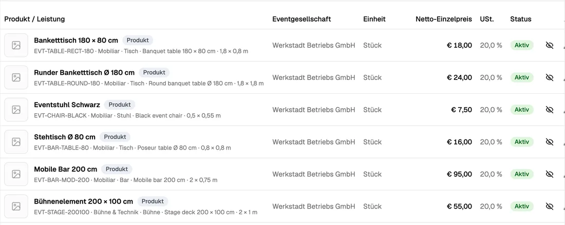 Katalog mit Produkten und Leistungen samt Einheit, Preis und Steuersatz