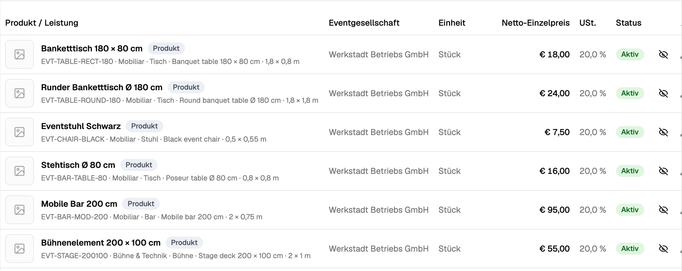 Katalog mit Produkten und Leistungen samt Einheit, Preis und Steuersatz