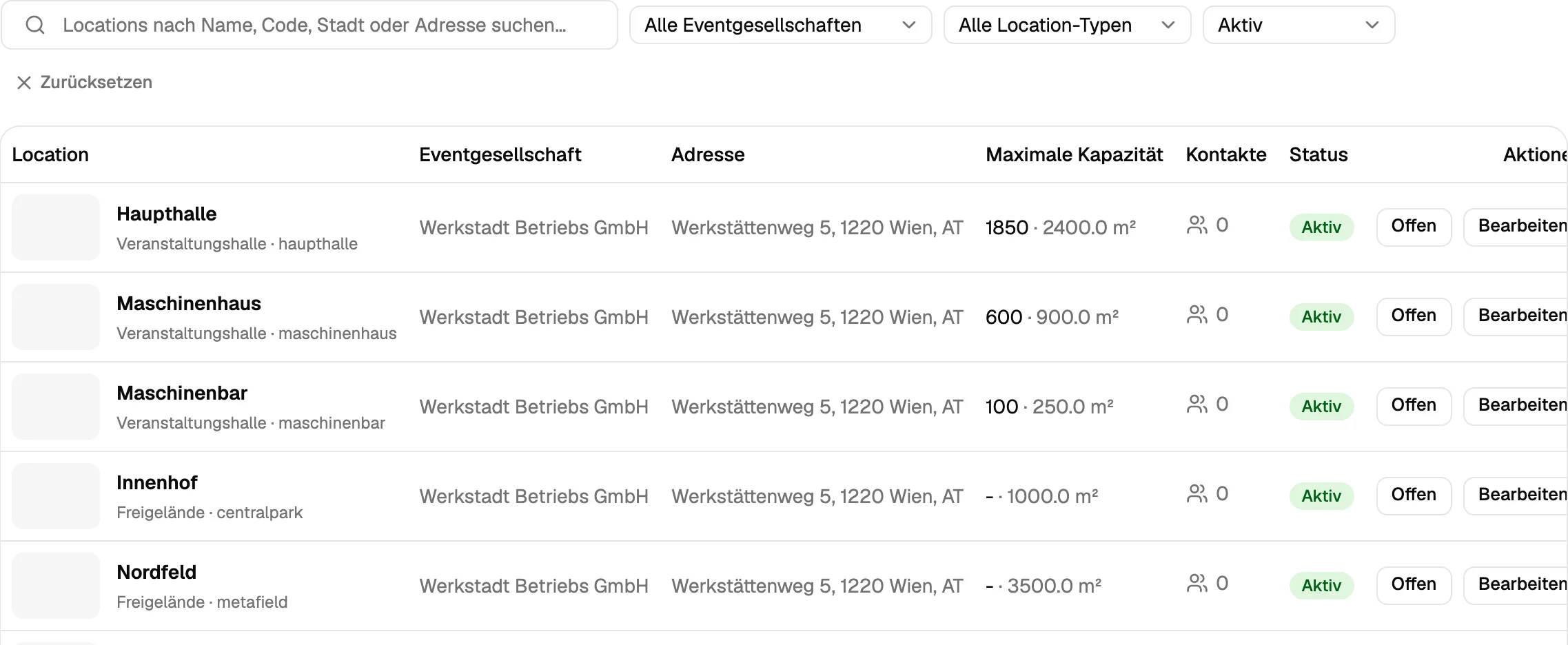 Liste der Veranstaltungsorte mit Adresse, Kapazität und Status